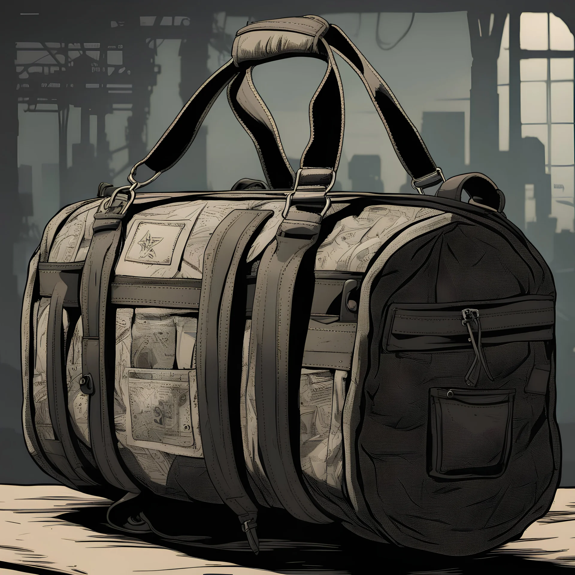 duffle bag, comic book, icon,, black, post -apocalypse,