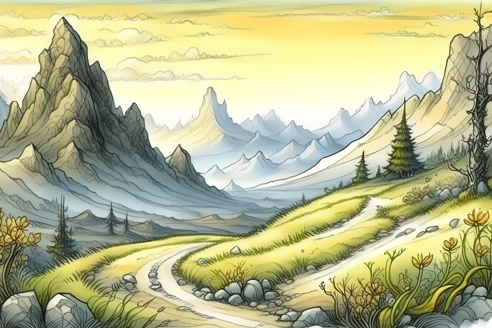 landscape with a path with bushes and trees, in the background picturesque mountains, winter scene with snow and sun, line art, and watercolor, by Anton Pieck, by Otto Riet, by Hugo Pratt, flowers, clouds, watercolor, drawing, pen, [ink color], colored, intricate detailed highly detailed digital painting ultra reallistic fantasy very attractive beautiful award winning photograph 4K 3D colourful Started from image: