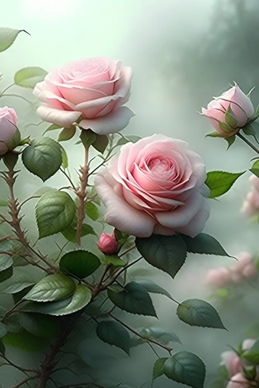 Watercolor, a bush of delicate pink roses, an ultra-detailed plant, morning, rain, beautiful landscape, fog, many details, delicate sensuality, realistic, high quality, 3d, work of art, hyperdetalization, filigree, hazy haze background, hyperrealism, professional, transparent, delicate pastel tones, back lighting, contrast, fantastic, unreal, translucent, glowing, clear lines, epic fabulous, fabulous landscape, hyperrealism