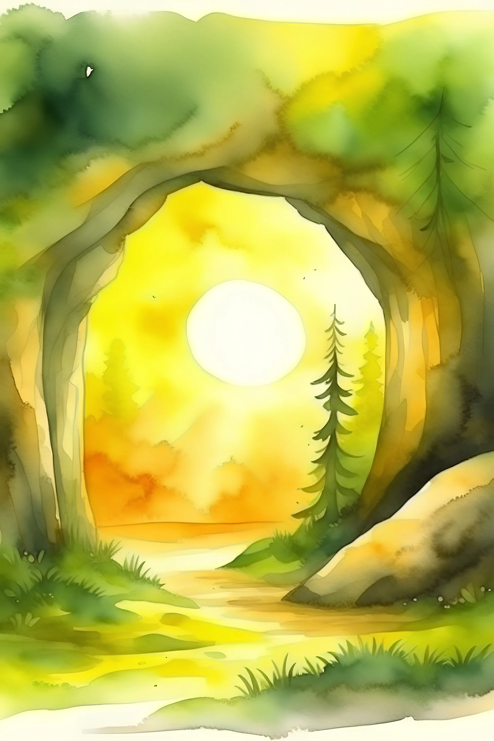 The sun and the forest are visible from the cave. watercolor drawing.