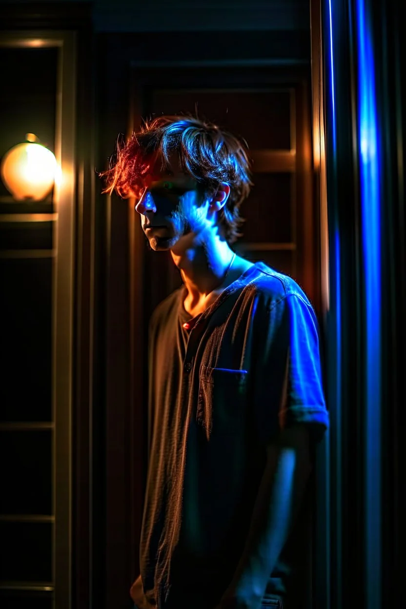 A profile photo of a handsome teen boy, wearing underwear, standing in an empty doorway, night scenery behind, full moon in the sky, messy red hair, warm indoor lighting, cinematic photography, high resolution, high quality, highly detailed.