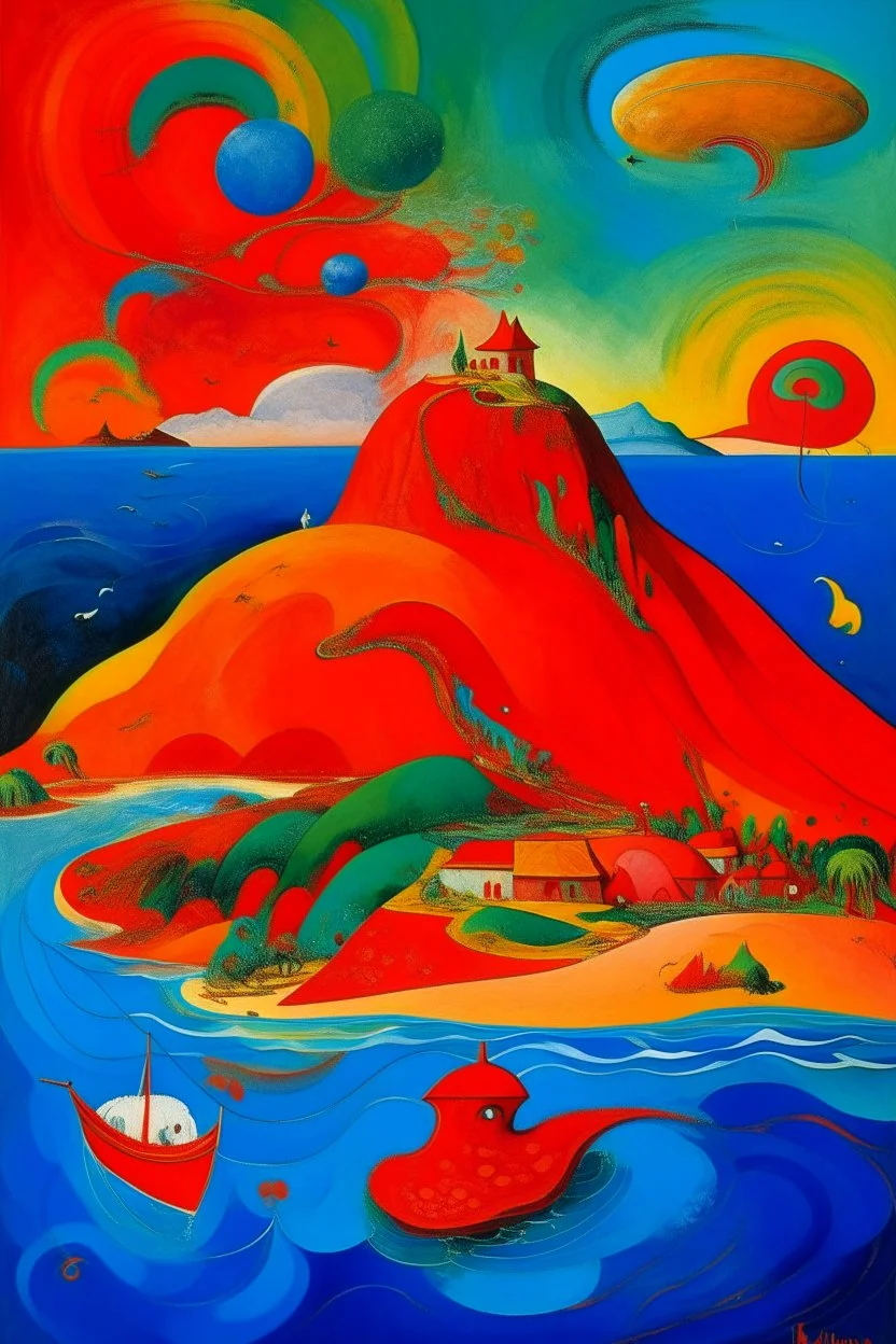 A red volcanic island with dolphins painted by Wassily Kandinsky