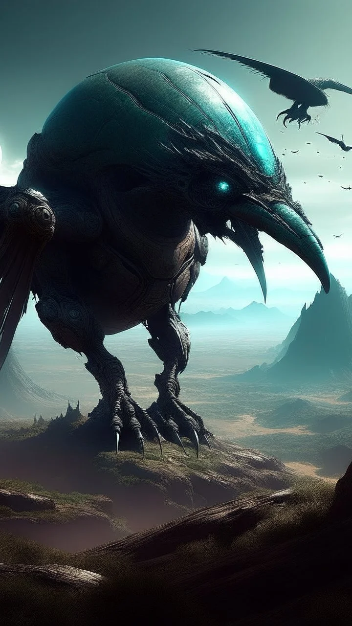 sci fi planet, alien bird monster, view from distance