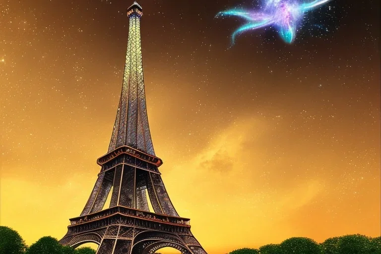 Eiffel tower made from diamonds . nebula in sky . flying cars passing by.