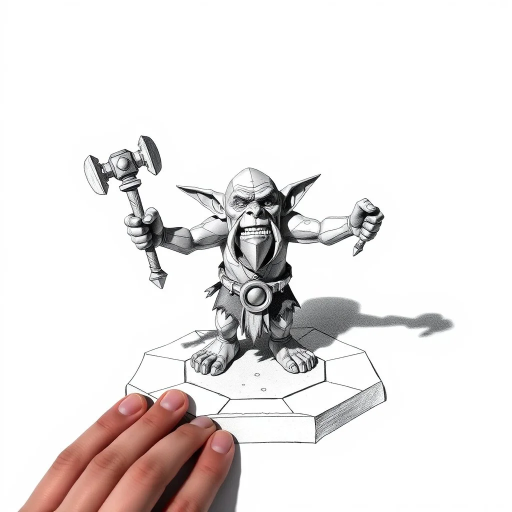 low poly, goblin troll miniature model half painted arms outstretched holding battle hammer offering gift, standing on black and white pencil drawn hexagon grid, hands and shadows of artist