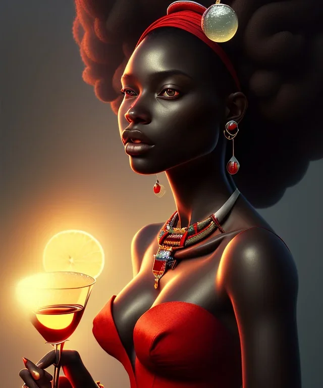 Negra Francisca, beautiful, curvy body, African slave, simple red fabric dress, beautiful long black hair, red headband, head and shoulders portrait, holding glass of wine, 8k resolution concept art portrait by Greg Rutkowski, Unreal Engine 5 volumetric lighting