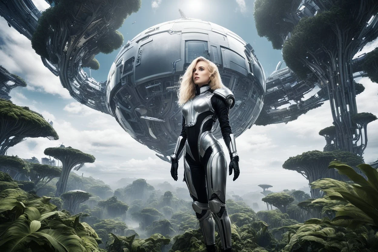 Wide angle photo of a slim sci-fi woman with blond hair, wearing a silver and black futuristic spacesuit looking android-like, standing on an alien cloud tree jungle planet