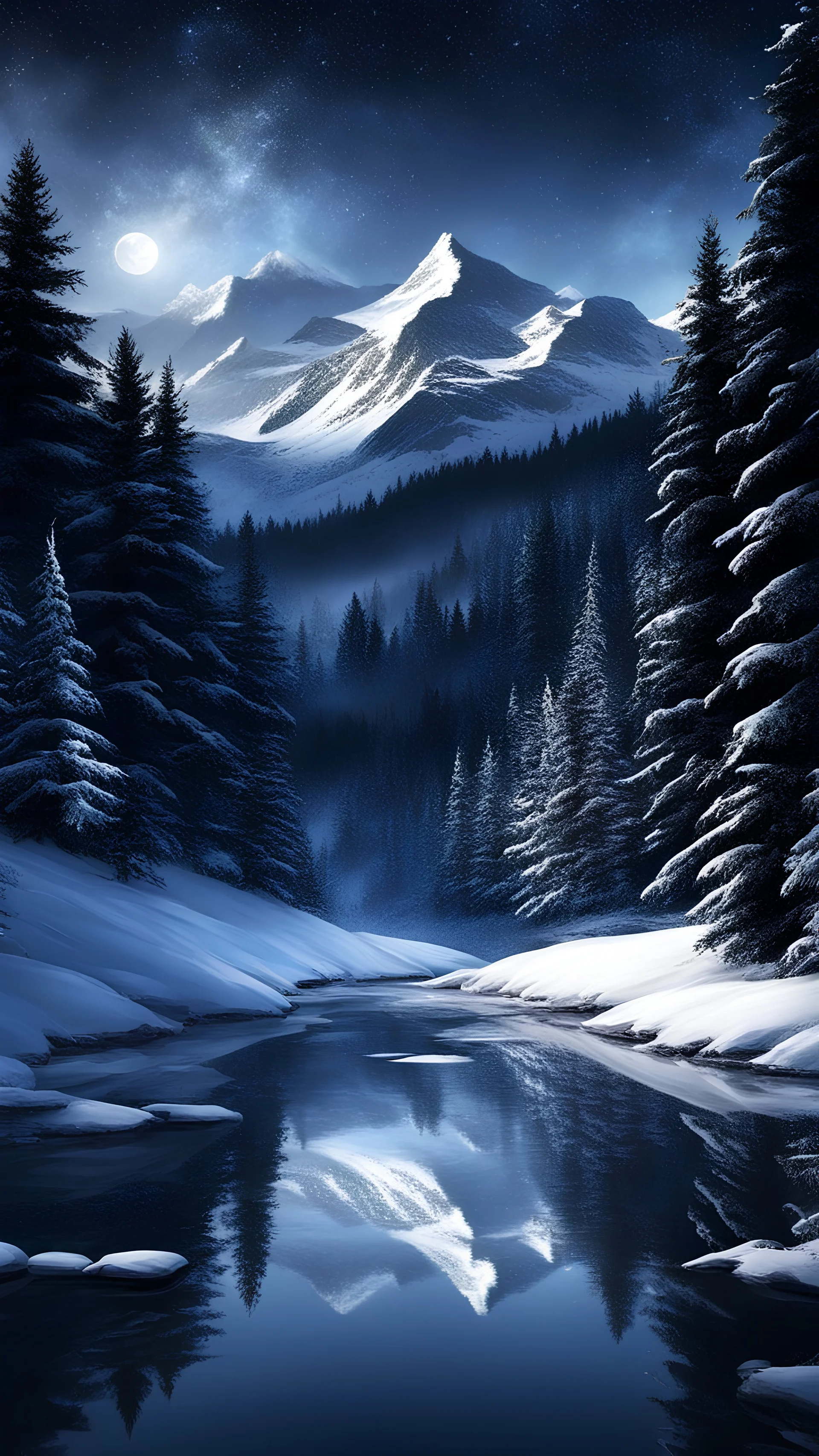dark winter night,fir forrest scenery,,forest,christmas,night,snow,fir tree,night ,stars,mountain valley,cloud,frozen river reflections,photorealistic