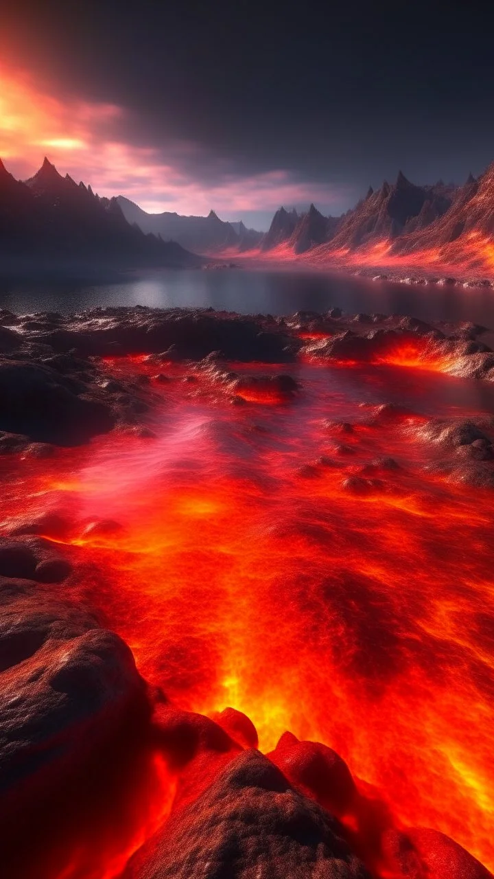 Lava lake in hell with land surrounding it, realistic close up