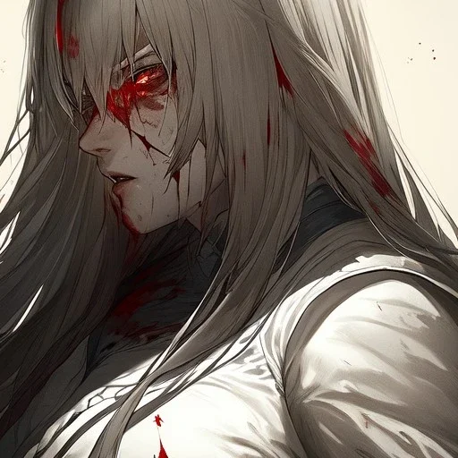 Goodness, Blood splatter, battle wounds, female, portrait, max detail, hd, Long hair, dark souls style, detailed eyes, eye color blue
