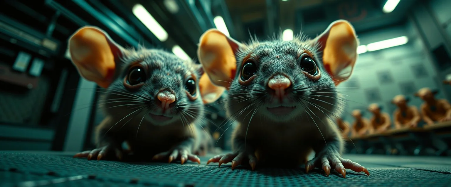 extreme close up on cheeky fluffy rat elf family scumbag in the cinema the style of Escher and Giger and Fallout 4, pinhole cam, airbrush 3d rendering, on tv screen:A five-second cinematic single take in a clean industrial presentation hall.