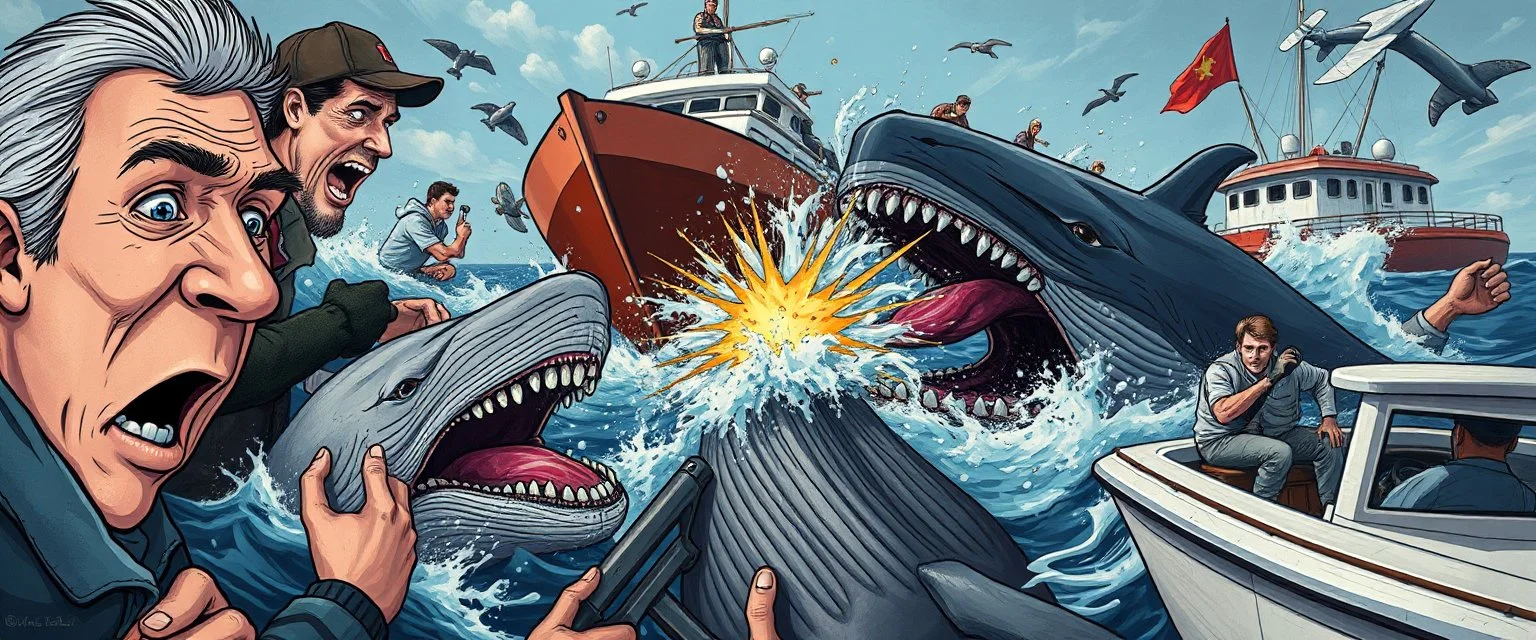 close up on scared people, collisions, aggression, ship hitting animals, animals interacting with vehicles, whales near boats, overlapping subjects, chaotic composition, distortion, surreal behavior, violence, confusion, merged objects, cartoon, painting, low realism, watermark, text