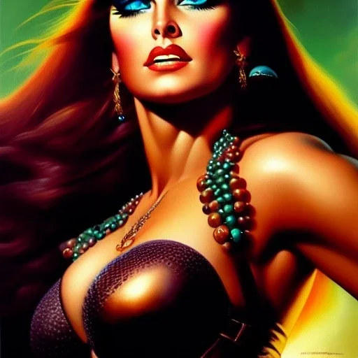 portrait oil on canvas, beautiful busty female Barbarian Warrior,green eyes, ,minimal armor,comic book cover, mystical colors,insanely detailed,realistic,intrincate detail, 16k resolution, masterpiece,Frank Frazetta,Alex Horley, Simon Bisley