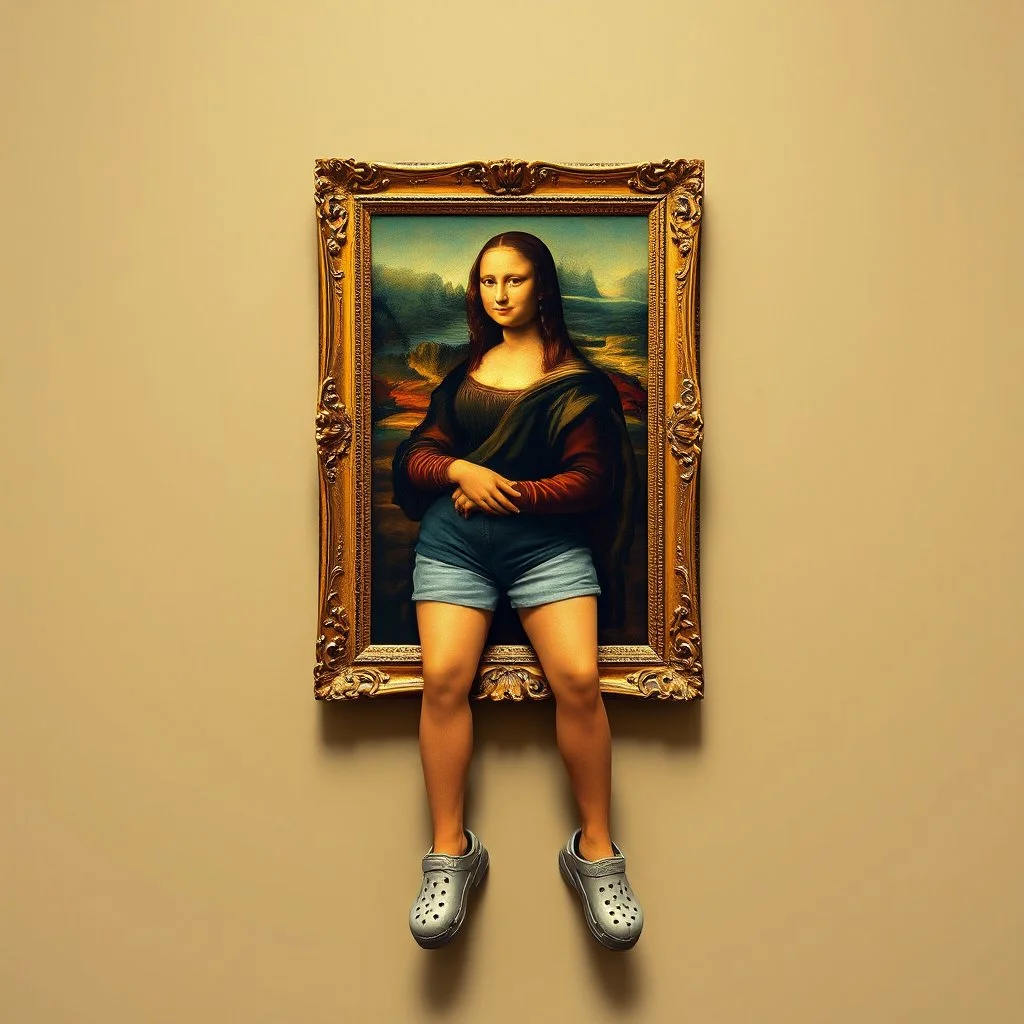 A painting of Mona Lisa on the wall, the frame with shorts and Crocs attached to her human legs