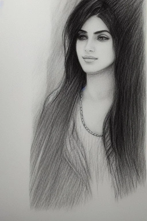 Pencil sketch of Young woman look through the window , Arab features,sad, long wavy hair, full body، on lined paper