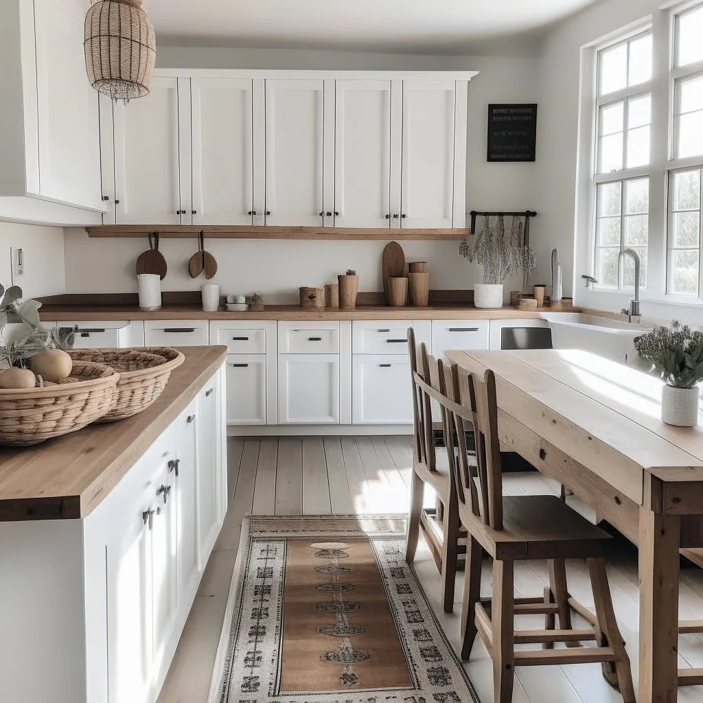 A farmhouse chic kitchen with white cabinets, wood accents, and a farmhouse table.