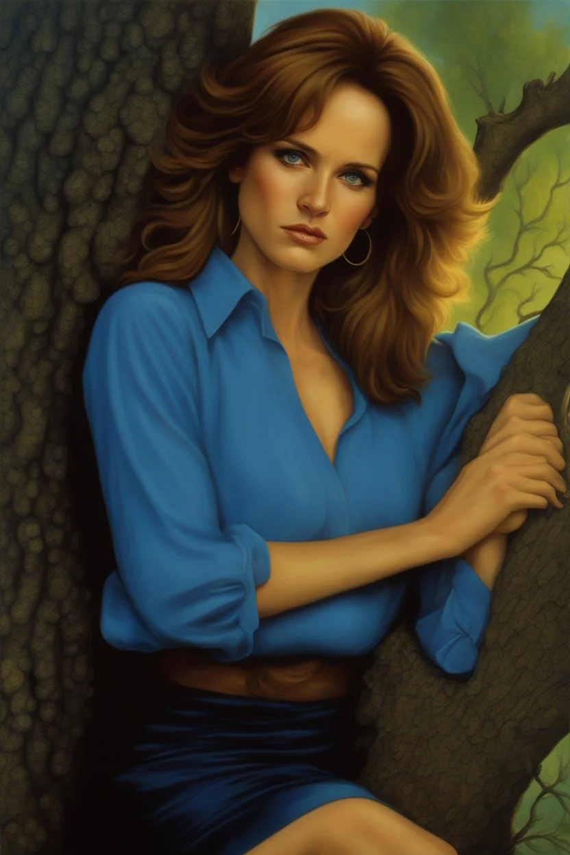 3D Portrait of Lea Thompson, long-sleeved blue blouse, black miniskirt, leaning her face against a tree, perfect body, perfect face, perfect eyes, dark hair, glamorous, gorgeous, delicate, romantic, realistic, romanticism, blue tones, Boris Vallejo - daylight Background - blue skies, sunlight - dark, wood panel wall in the background - fire, fog, mist, smoke