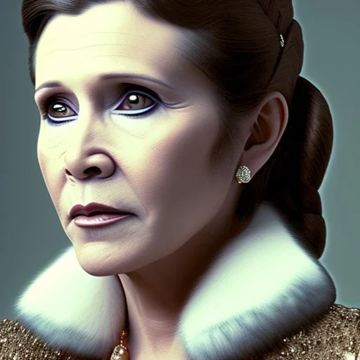 actress carrie fisher with symmetrical short hair, fur coat, 17th century, insanely detailed, 16k resolution, perfect eyes, round pupil, cinematic smooth, intricate detail, painted Renaissance style