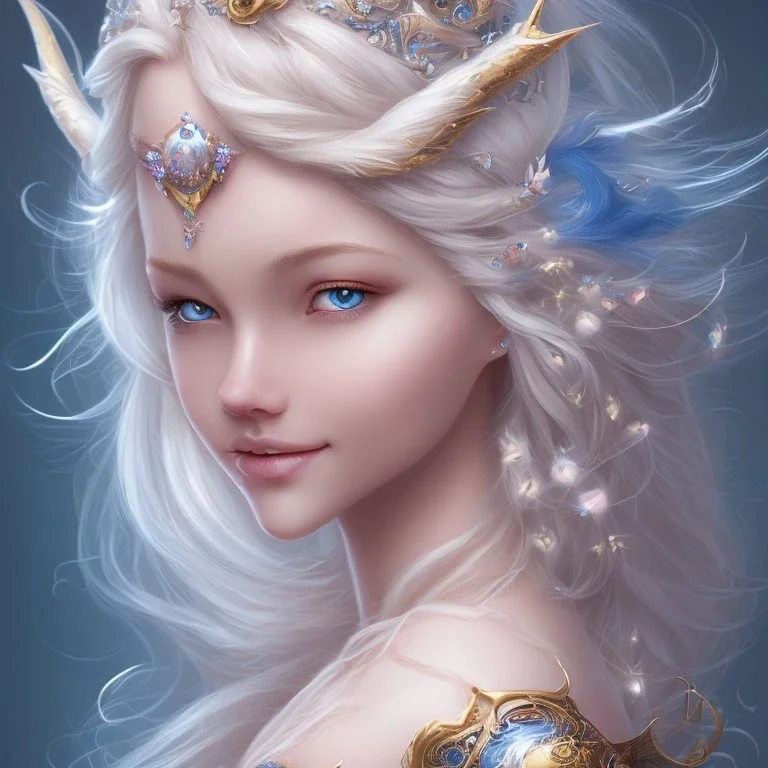 visage souriant, fée du nord, fantasy, grands yeux bleus foncés, cheveux long blond, bleu et rose