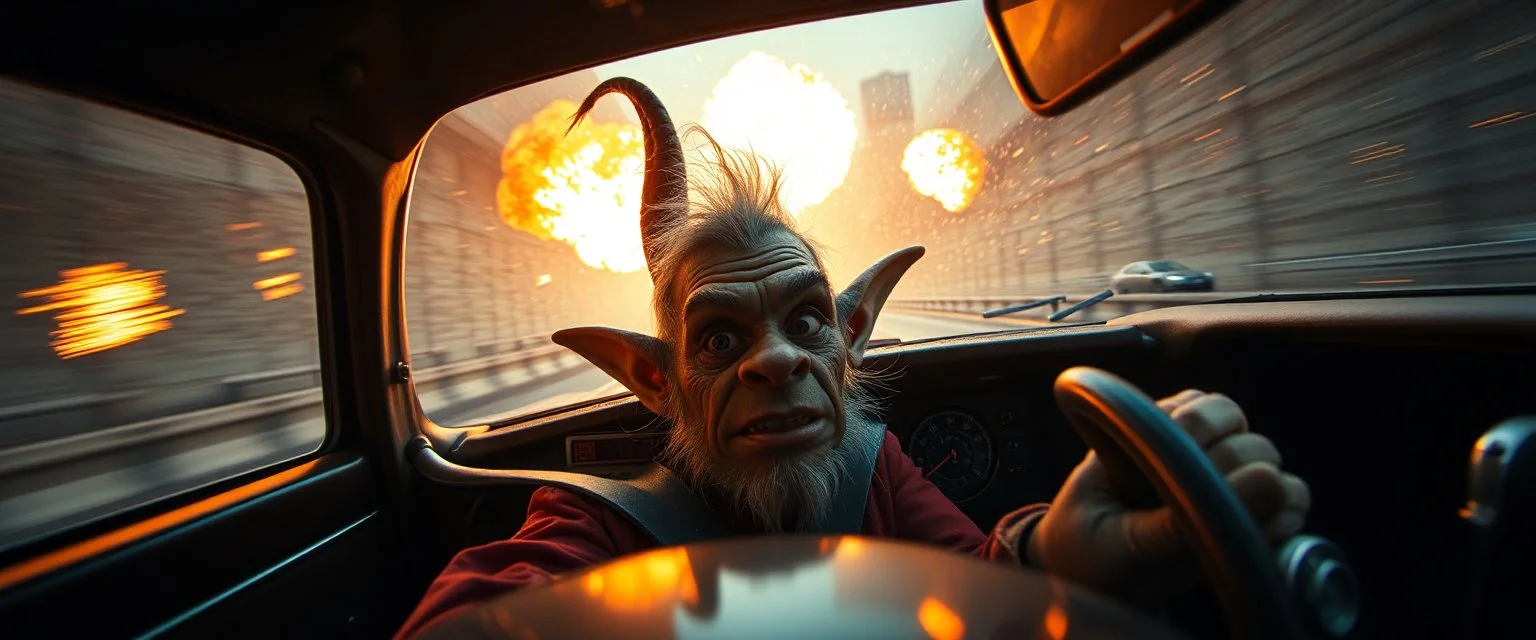 weird perspective worried human race car going sideways in ramp driver close up portrait of dj troll elf pilot looking down on cam, with background in the style of escher and giger, a chill contrapunctus fugue in the style of fsol, beethoven, goa trance breaks, dancefloor drum and bass, burning cars, fire and explosions