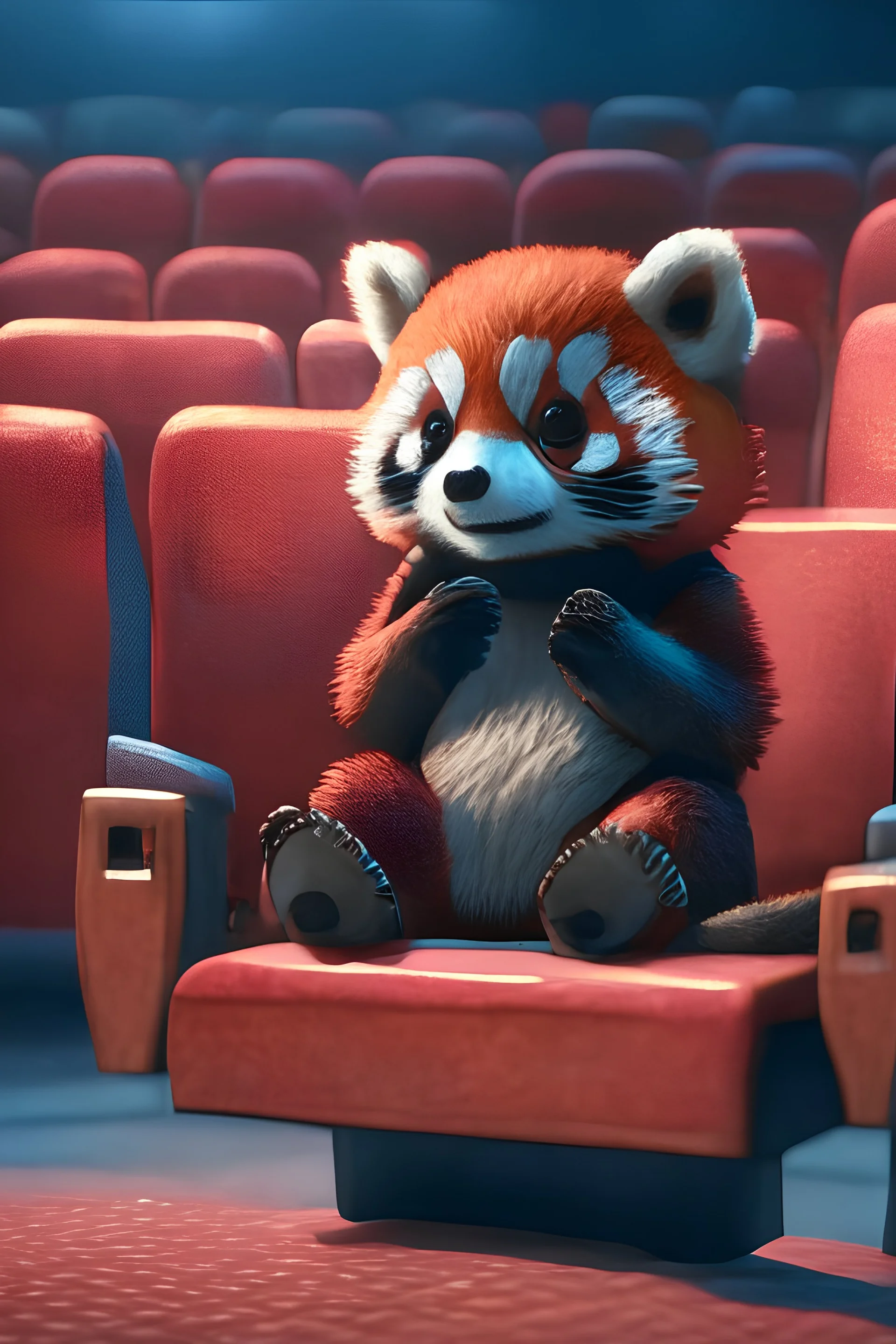 Cute small humanoid red panda sitting in a movie theater, he put his feet on the sit ahead of him, the movie is already playing unreal engine, volumetric, warm indoor lighting, artstation, detailed, digital painting, cinematic, character design by hayao miyazaki, unreal 5, daz, hyperrealistic, octane renderer, arnold renderer, 8k, matte