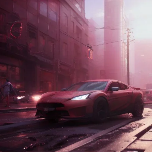 Cyberpunk, Red Car in night city, unreal engine 5, octane render,cinema4d, dynamic lighting, 8k, redshift render, highly, hyperrealism ultra realistic, hyper realistic.