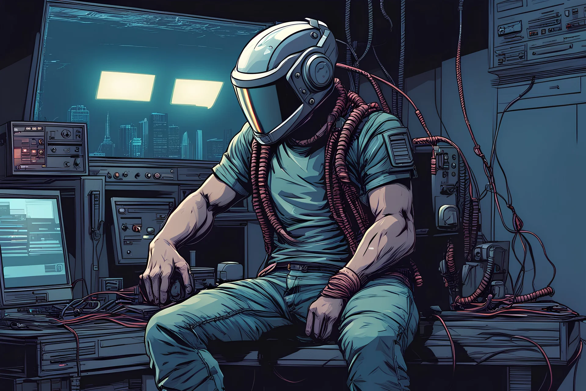 a man with a complex helmet large visor connected to wires, cyberpunk, t-shirt and jean pants, living room, computer, comic book art style, night time,