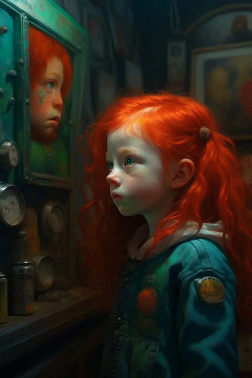 Little girl with red hair in Cyberpunk wunderkammer painted by Rembrandt, unsane details, soft colors