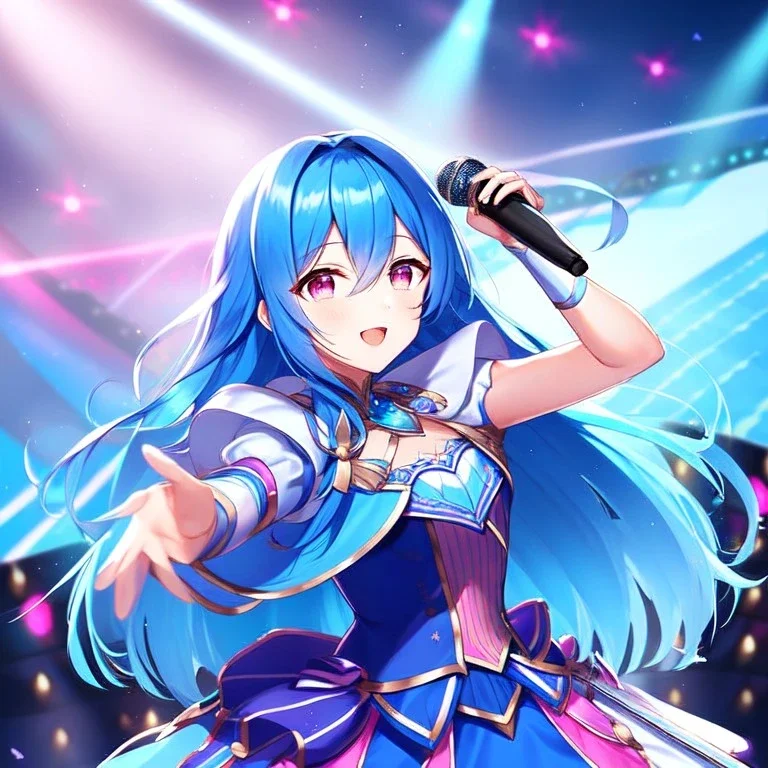 girl, masterpiece, best quality, volumetric lighting, detailed outfit, perfect eyes, long hair, blue hair, pink eyes, magical girl, music stage, microphone,