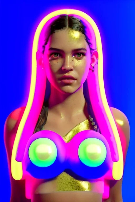 Rosalía artist, Realistic image, natural waist up portrait, perfect eyes, glow, circle iris, eye liner. pigtails hair, face, spray line make up, glow. lips, gold. big rings piercing, led ornament, pearls. coat, latex, inflatable, hot, led lights, minimal, neon, pink, blue, gold, vibrant color, highly detailed, art stations, concept art, smooth, unreal engine 5, god lights, ray tracing, RTX, lumen lighting, ultra detail, volumetric lighting, 3d, finely drawn, high definition, 4k.