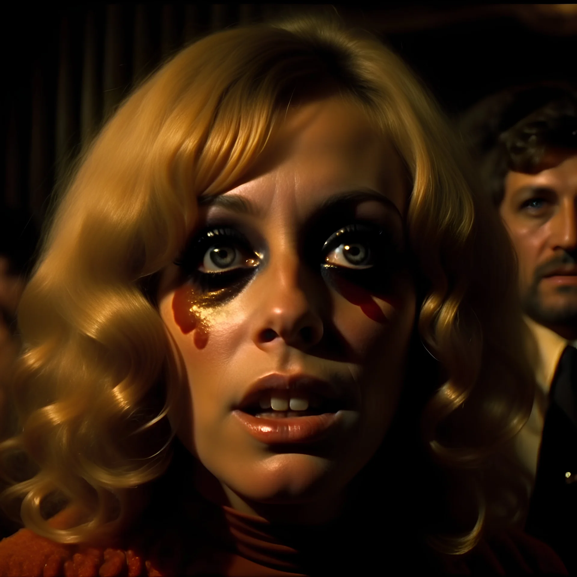 Horror movie shot, spooky, ultra realistic temple, they enjoy and get excited, ultra realistic hot blonde women, pieces of meat, organs, giant eye, dynamic, very excited people, hypermaximalist figures, light, 1970's Italian horror movie, sinister,, Dario Argento, Stanley Kubrik, ornate, 4k, photorealism