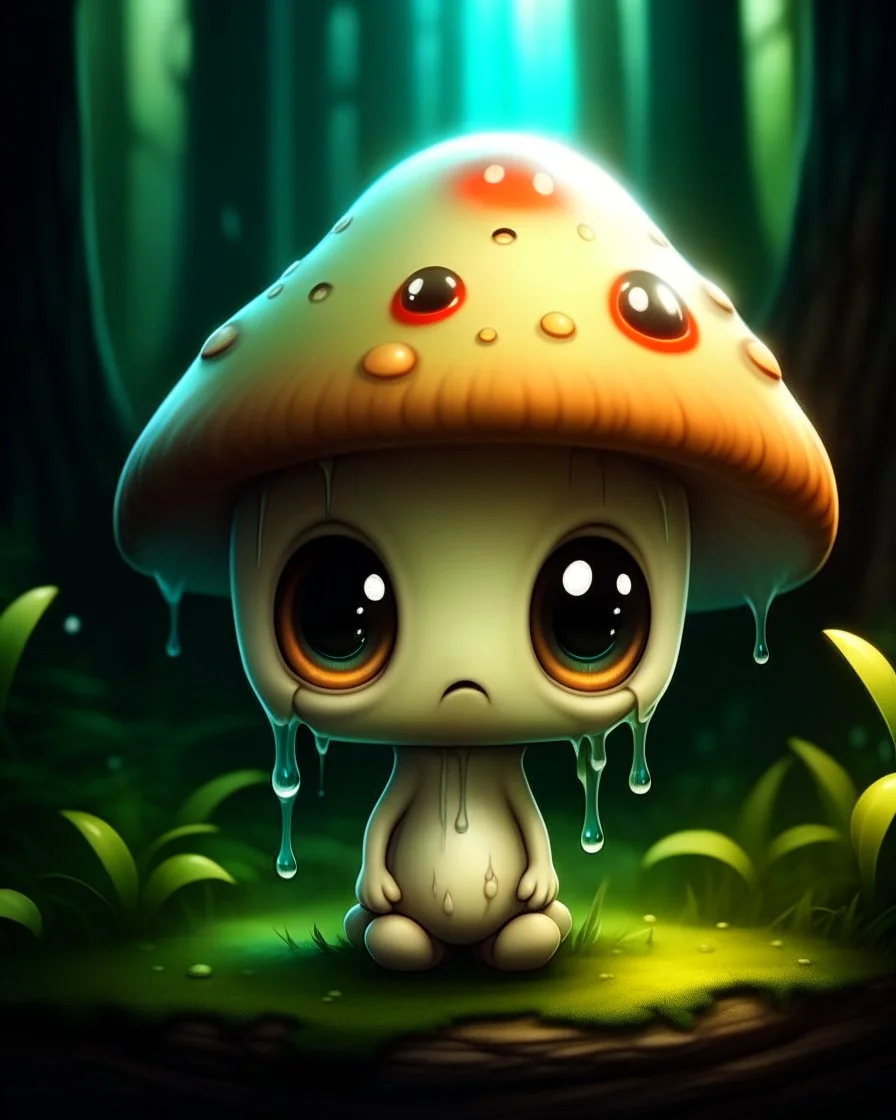 A melancholic creepy kawaii mushroom with a tiny, frowning mouth and big droopy eyes, sitting on a mossy log in a quiet and peaceful forest, lost in its own thoughtsto add personality