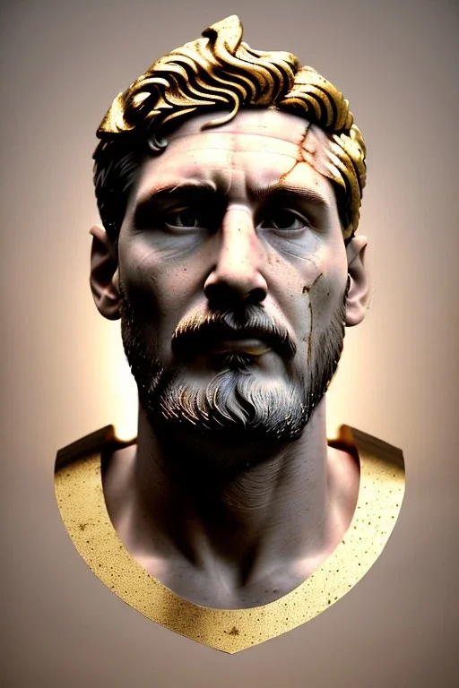 Ultra Realistic image, Roman sculpture, white marble material, Lionel Messi, gold Laurel leaves wreath, renaissance ornaments, one gold star in heart, marble and gold ornaments background, chisel style, waist up portrait, emperor style, epic, celestial, cinematic lighting, God light, god rays, 4k resolution, smooth details, ornate details, soft lighting, unreal engine 5, art station, substance 3d.