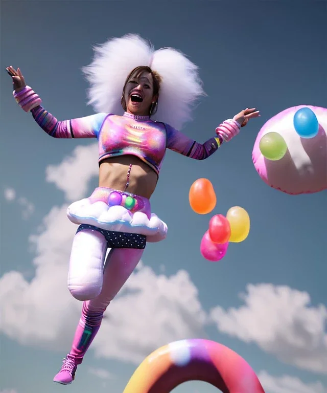 Ultra realistic speed clouds sky scene, wide angle view, sweet women falling down, inflatable color clothing, free jumping flying, many trinkets, hair monster. many jelly beans, balls, color smoke, smile, happy, circus style, extreme, wind, 20,000 feet altitude, stratosphere, soft color, highly detailed, unreal engine 5, ray tracing, RTX, lumen lighting, ultra detail, volumetric lighting, 3d, finely drawn, high definition, high resolution.