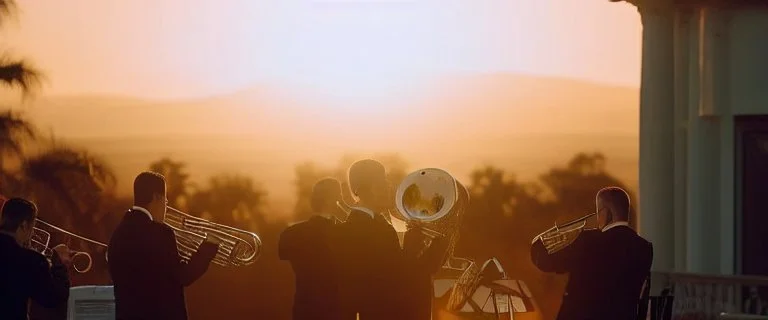 panoramic ,brass orchestra playing outside a beverly hills style mansion, exterior photography of a romantic and bright house, 8k, ultra HD