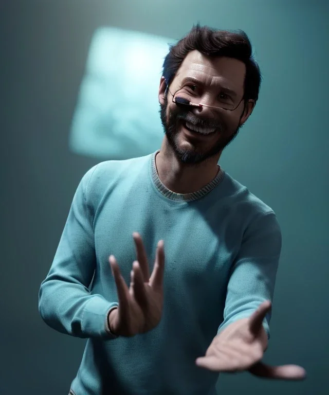 Realistic image, waist up view, a guy making the fuck you gesture with his hand, blue smoke coming out of his eyes, nose and mouth. Happy, smile, soft color, highly detailed, unreal engine 5, ray tracing, RTX, lumen lighting, ultra detail, volumetric lighting, 3d, finely drawn, high definition, high resolution.