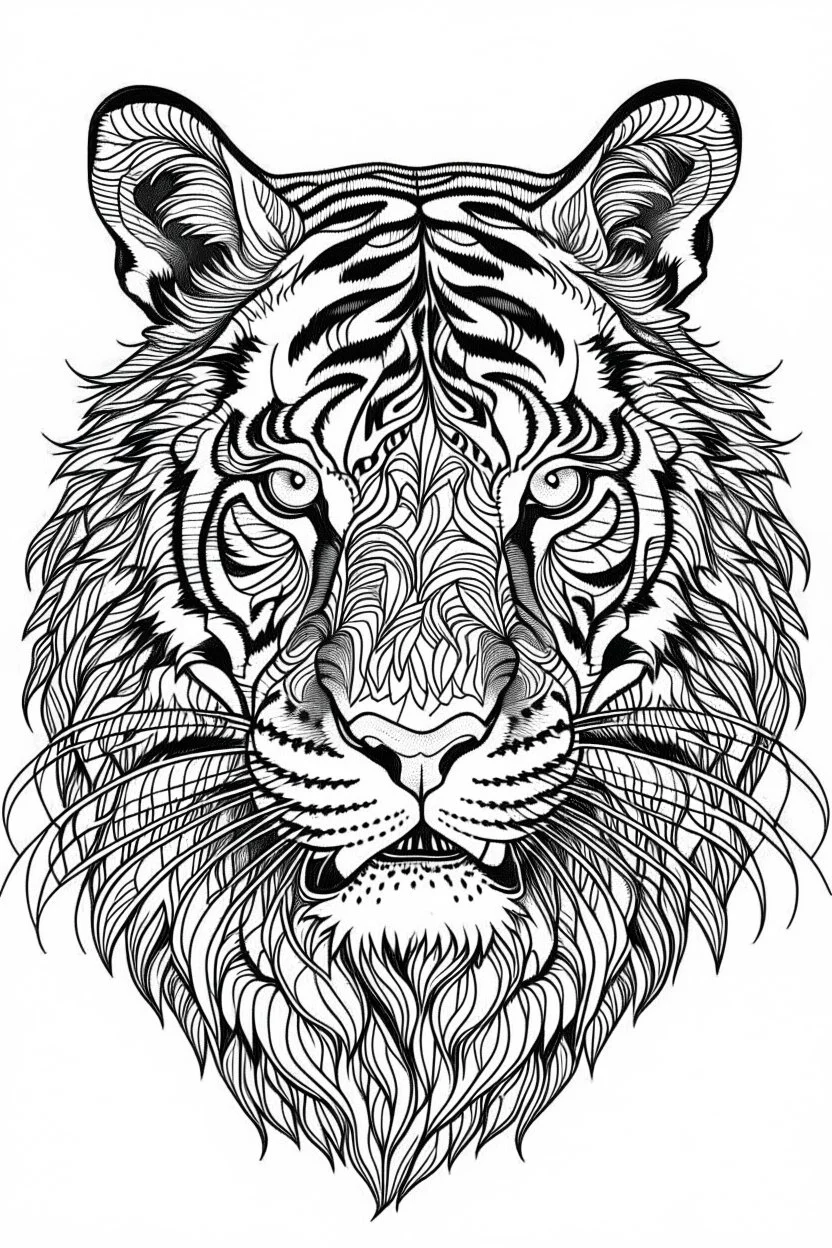 realistic tiger head tattoo idea, line art, background, vector, svg, black outline on white background, leave plenty of white space beetween lines for coloring, tattoo style, tattoo idea,full body, minimalist