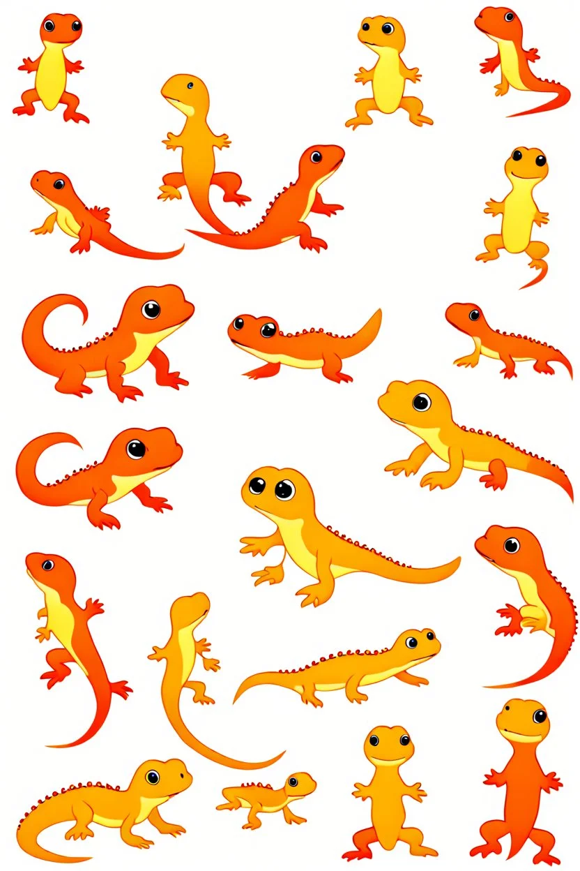 Lots of little tiny cute cartoon newts