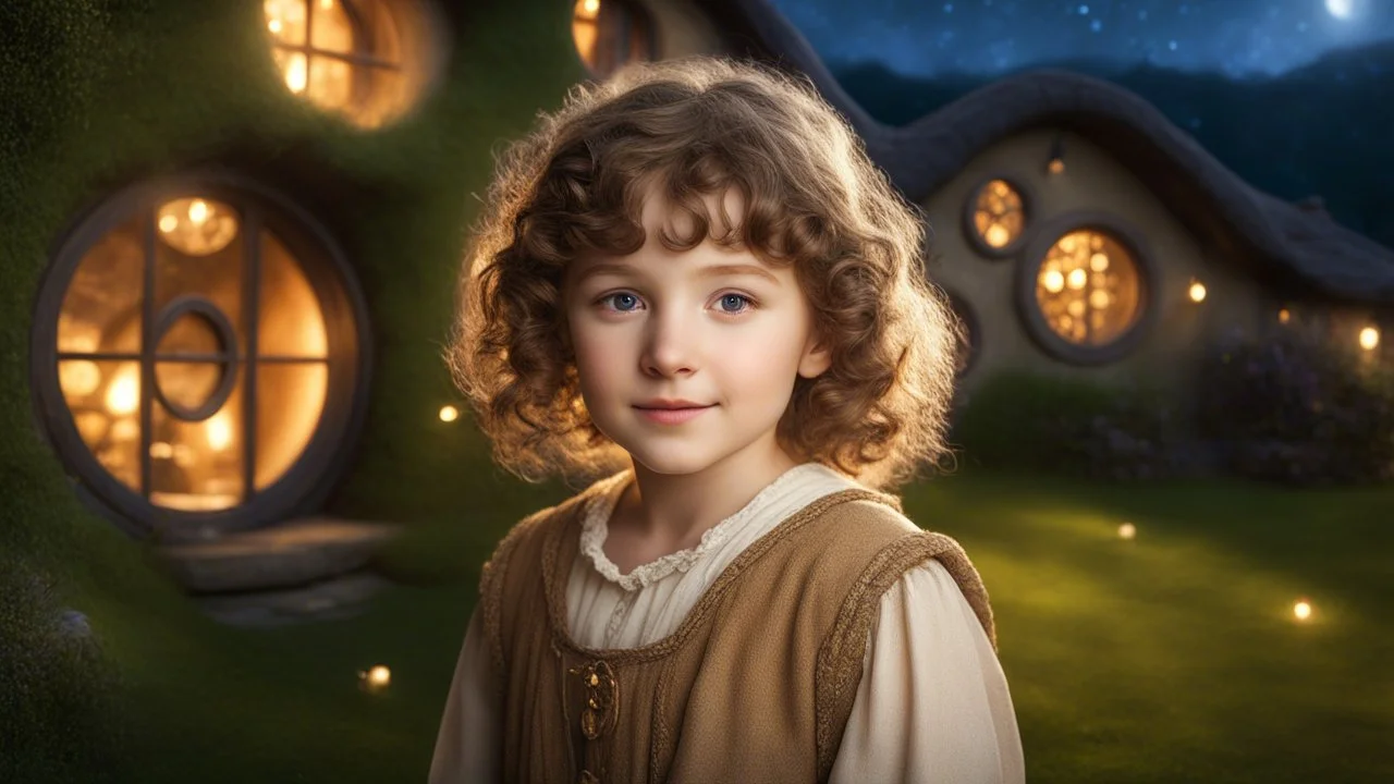 Little very young hobbit girl, beautiful, confident, calm, wise, happy, innocent, facing camera, head and shoulders, curly hair, hobbit clothing, perfect eyes, LOTR village, hobbit homes with circular windows and circular doors, night scene, stars, fireflies, 16k artistic photography, exquisite composition, photorealistic concept art, soft natural volumetric light, chiaroscuro, award-winning photograph, masterpiece, style William-Adolphe Bouguereau