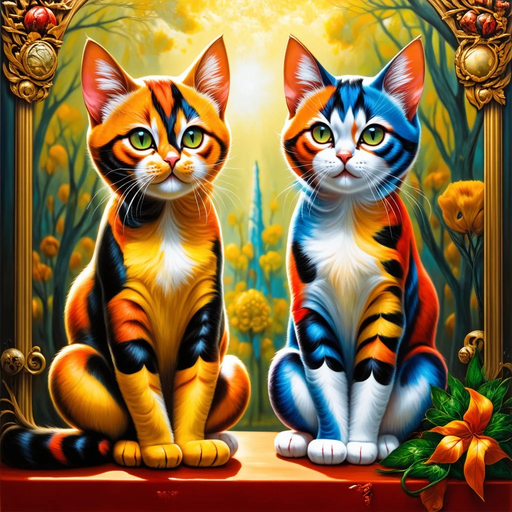 prompt, Fantasy harlequin cats by Louis Wain, by Catherine Abel, by Gediminas Pranckevicius, fantasy, oil on canvas, beautiful, high details, ultra detailed, crisp quality, colourful, high definition