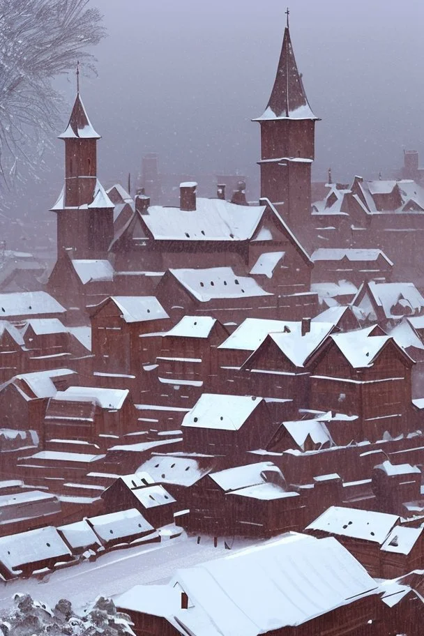 Une ville médiévale enneigée entouré d'une muraille en bois.