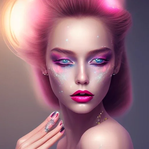 a princess wearing a lot of makeup and painted nails, with pink lipstick, dramatic, dramatic lighting, volumetric lighting, hyperrealism, 8k, high quality, photorealistic, lot of details