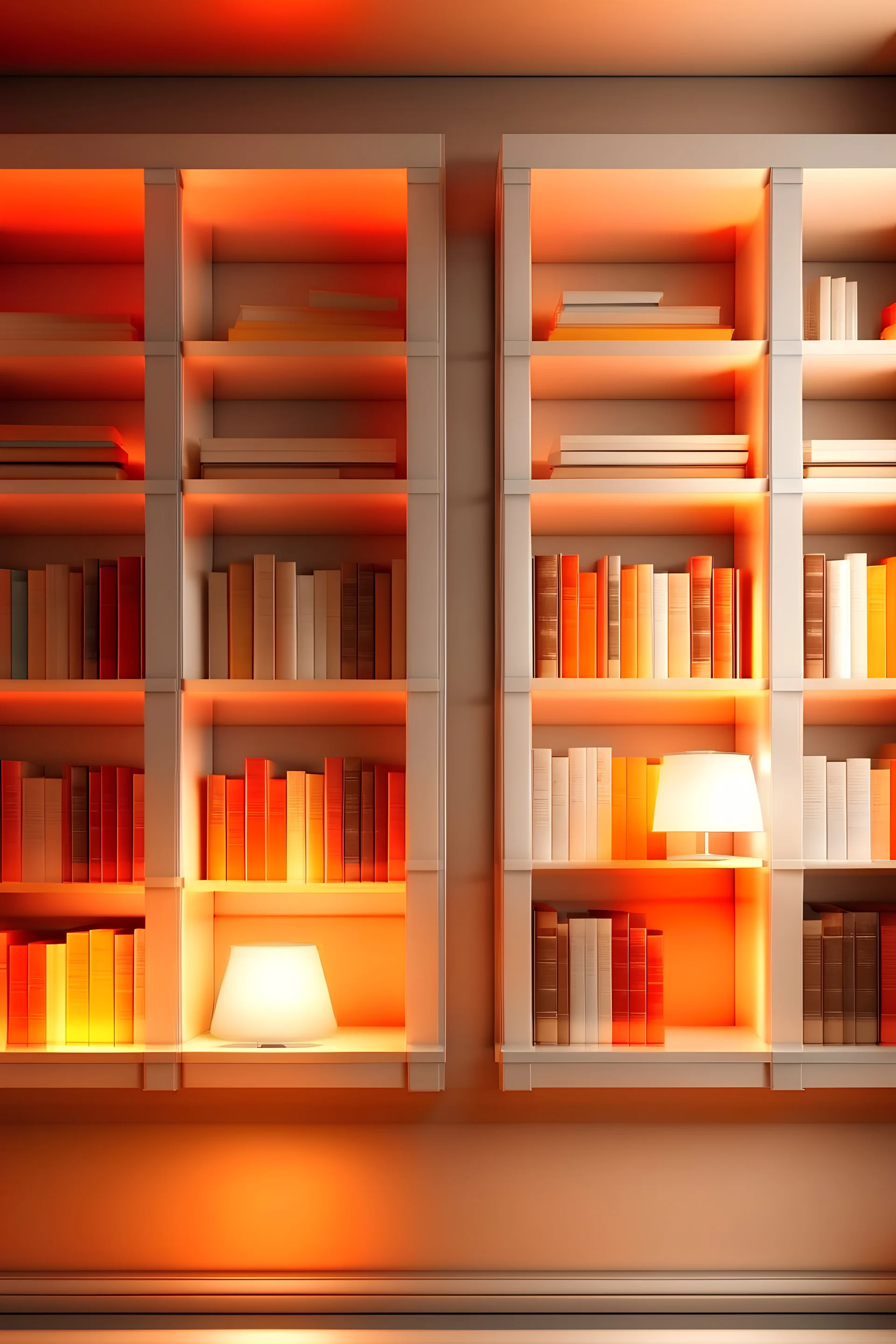 Book shelves in soft colors with white, red and orange colors, beautiful soft lighting 1920x1080