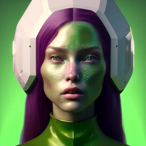 woman, irish, green, heavily made up face, round helmet, decorative color feathers, retro futuristic, latex coat, soft color, highly detailed, art stations, concept art, smooth, unreal engine 5, god rays, ray tracing, RTX, lumen lighting, ultra detail, volumetric lighting, 3d, finely drawn, high definition, high resolution.