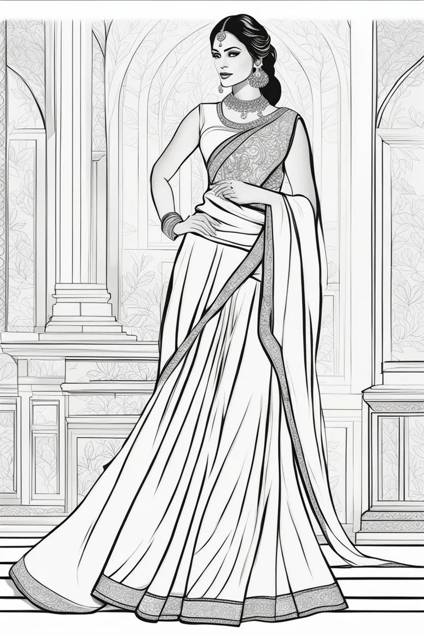 Coloring page for adults of a elegant fashion model woman wearing hindi dress, dynamic poses, full body portrait, thick and clean lines, clean details, no-color, no-turban, no-background, non color, non shading, no-grayscale, dynamic poses, full body portrait, thick and clean lines, clean details, no-color, no-turban, , non background, non color, non shading, no-grayscale, no color hair