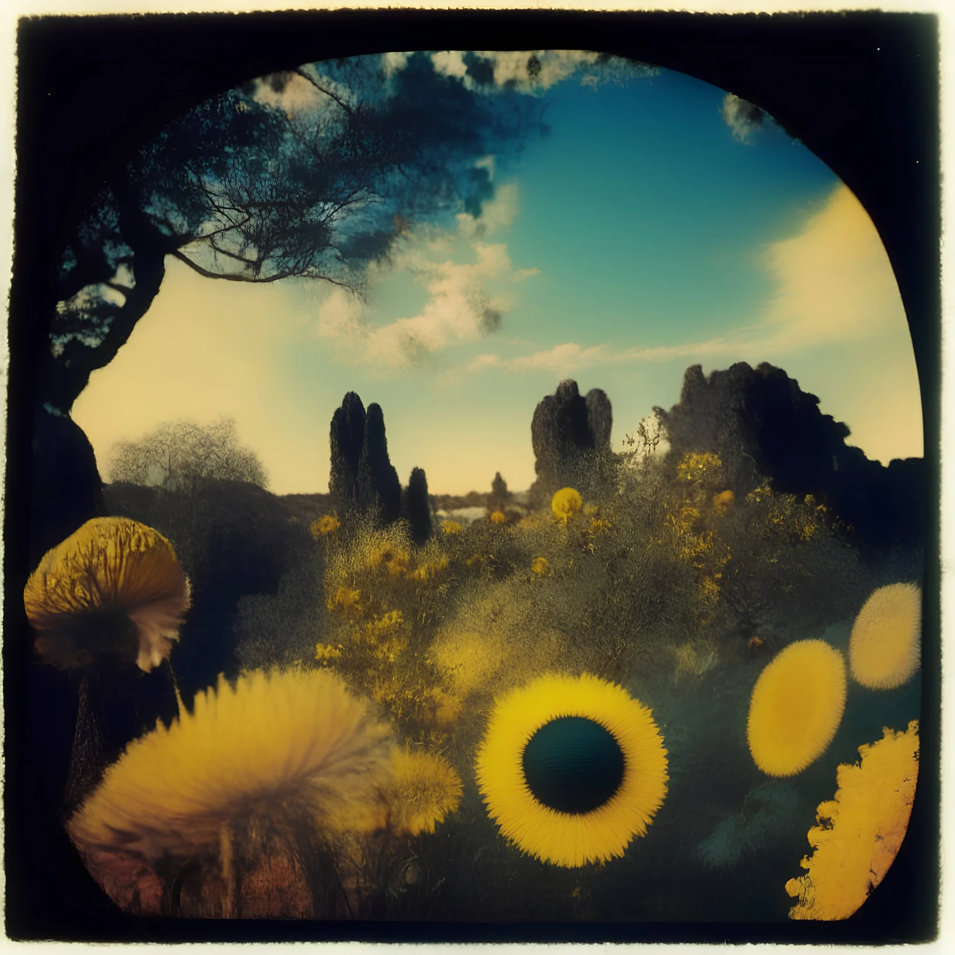 Polaroid photo of a marvelous landscape, trees, flowers, giant sun, intricate, rock formations, atmosphere of a Max Ernst painting, Henri Rousseau, thoughtful, interesting, a bit appalling, smooth