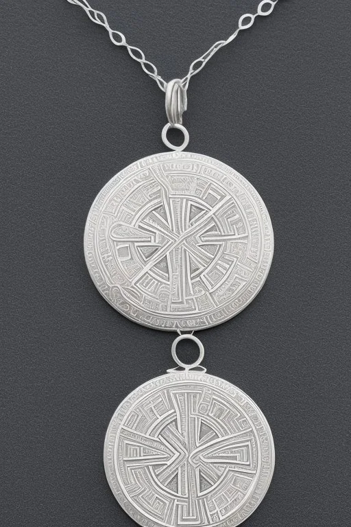 Silver necklace embossed Greek inscriptions in the shape of a circle containing small white crystals