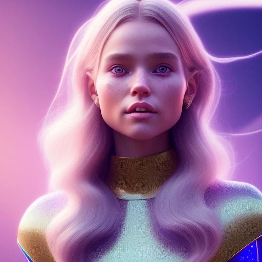 A portrait of a crystalised girl,smiling, longs blond hairs, galactic dress, atmospheric, realistic, cinematic lighting, octane render, purple and blue light