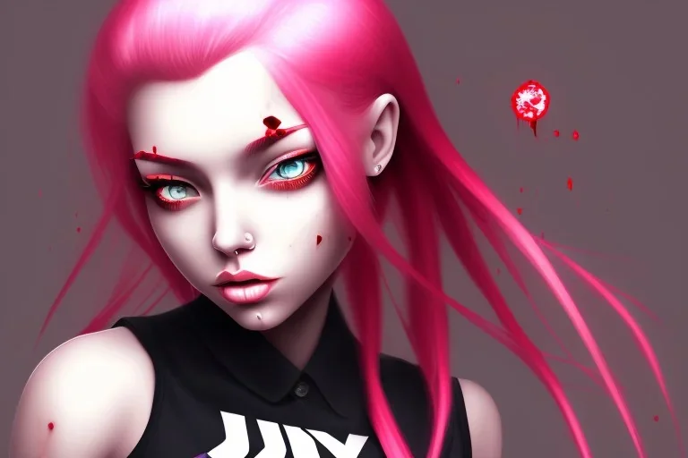 girl super angry, beautiful, cute, bloody, pink hair, black shirt