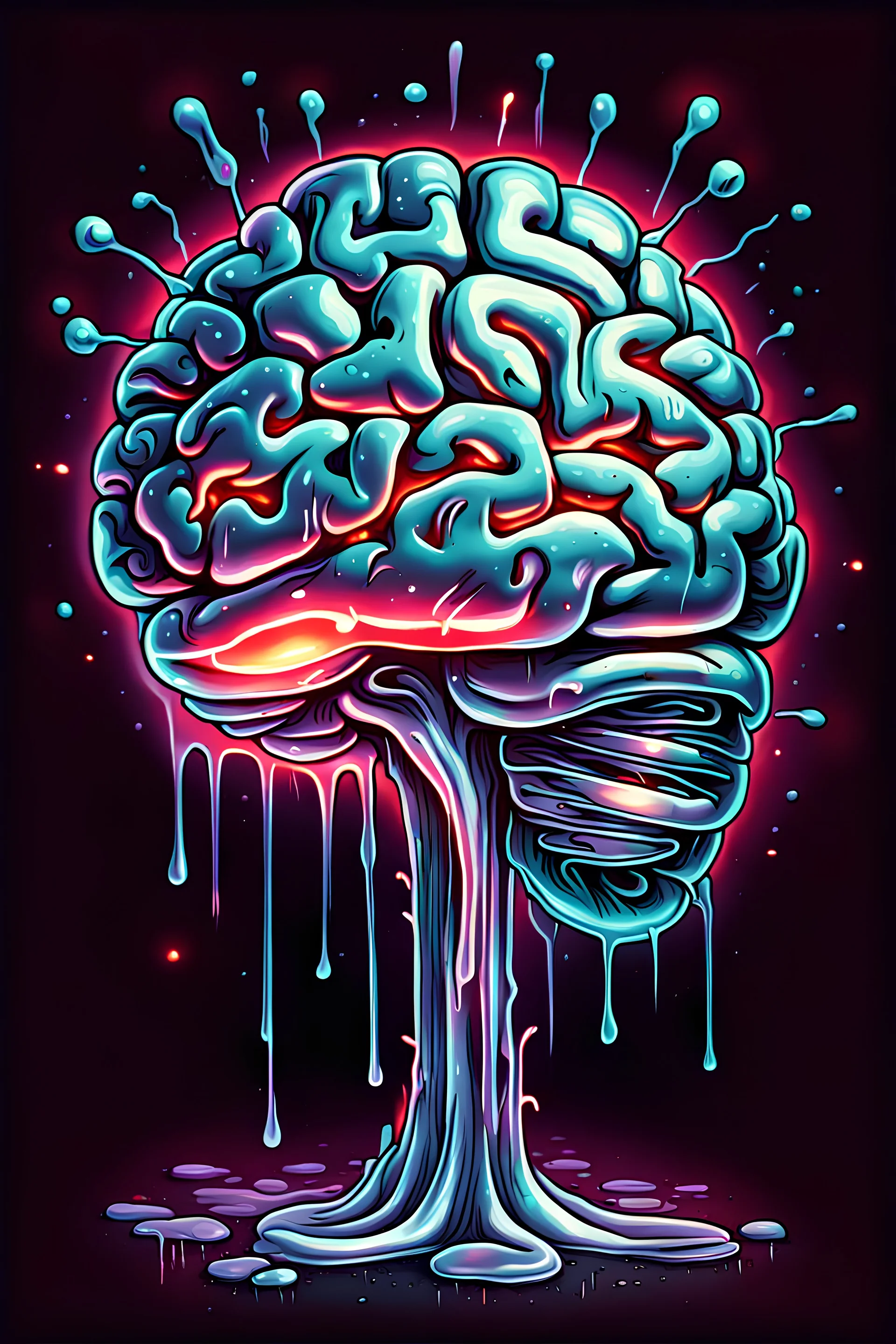 Vintage illustration of a slimey silver brain, shimmering and reflecting light, melting like broken glass, cartoonist animation style, hand drawn, neon lighting, gross art, pop punk, 90s anime inspired, airbrushing, post modern, horror cut, gradient chrome abberations, retro weird drawings, alien brain matter, blood spatter , scifi punk